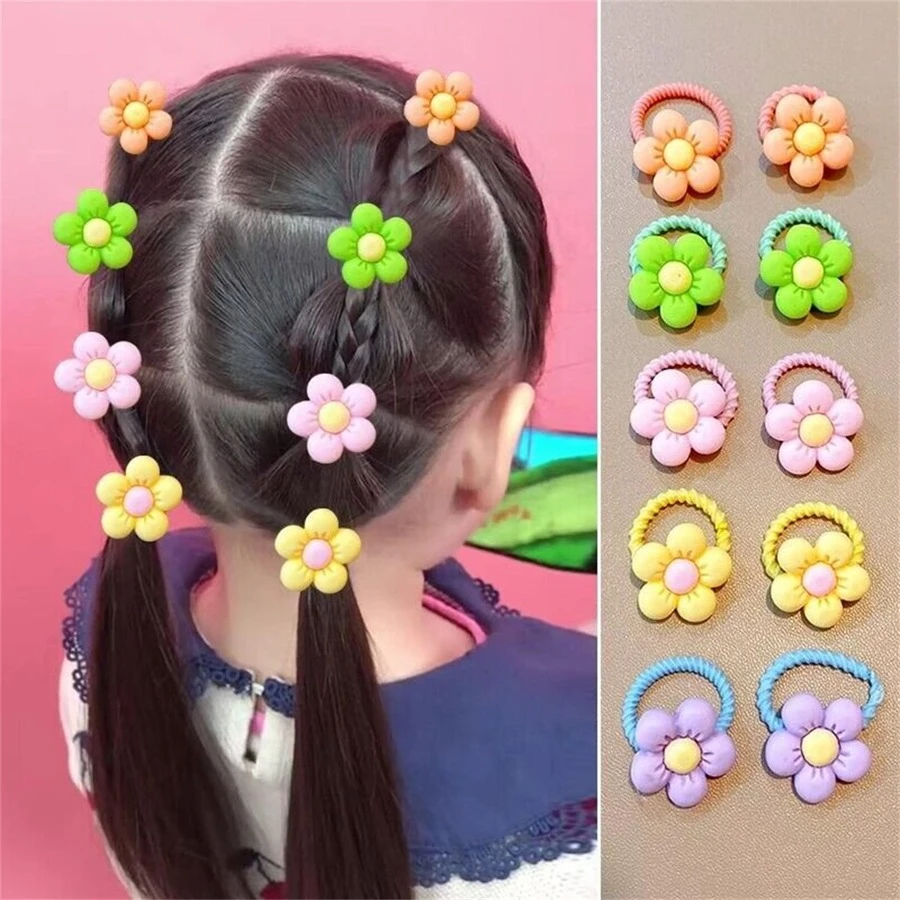 10pcs Small Flower Print 2cm Hair Elastic Bands - Multicolor - View 1