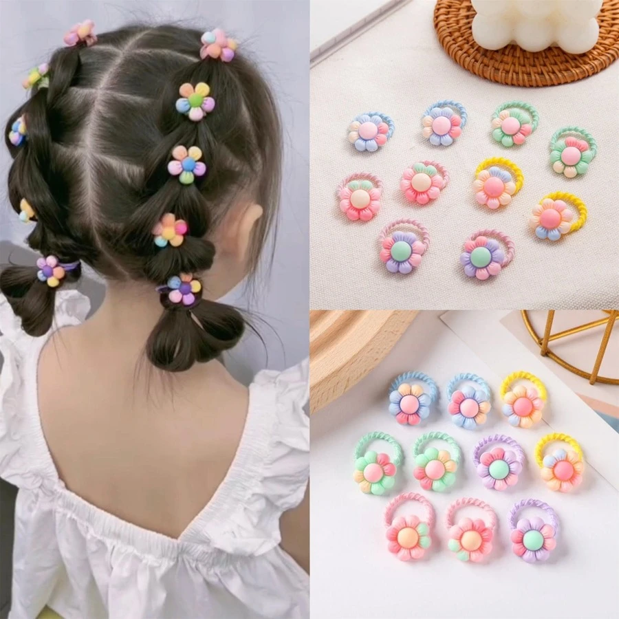 10pcs Colorful Small Flowers Design 2cm Threaded Hair Ties