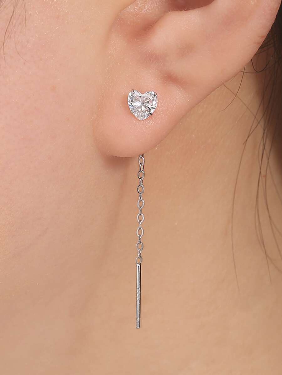 1pair Simple Heart Shaped Cubic Zirconia Inlaid Threader Earrings Suitable For Women's Daily Wear - Silver - View 1