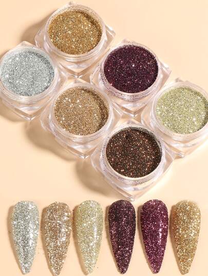 FULL BEAUTY 6 st nagelglitterpigmentpulver Y2K estetisk holografisk guld vinröd serie skimrande paljetter paljetter flingor DIY manikyrdekor