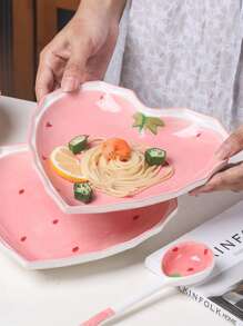 1pc Ceramic Bowl, Strawberry Pattern, Pink, Chinese Style Underglaze Color Fruit Salad Tableware, Birthday Gift (Spoon/Bowl/Plate Color & Pattern Random), (One Size, Pink Bowl And Spoon Set), Kitchen, Christmas Gift - Pink - View 4