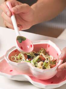 1pc Ceramic Bowl, Strawberry Pattern, Pink, Chinese Style Underglaze Color Fruit Salad Tableware, Birthday Gift (Spoon/Bowl/Plate Color & Pattern Random), (One Size, Pink Bowl And Spoon Set), Kitchen, Christmas Gift - Pink - View 5