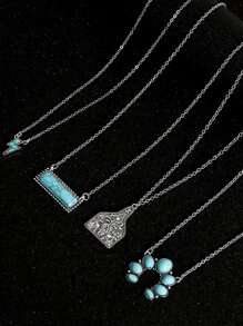 A3320 4pcs/set Vintage Western Cowboy Style Turquoise Pendant Necklace Set - Silver - View 2