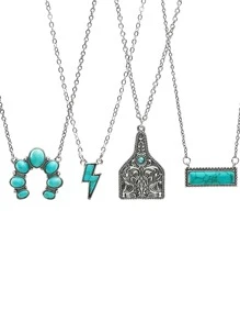 A3320 4pcs/set Vintage Western Cowboy Style Turquoise Pendant Necklace Set - Silver - View 3
