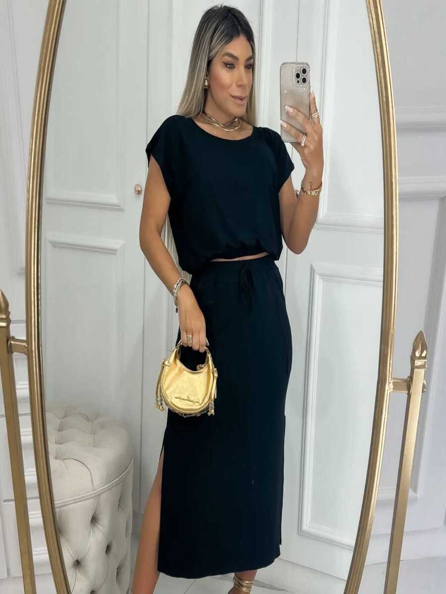 Conjunto de Saia Midi Feminina Manga Curta - Preto - Visão 1
