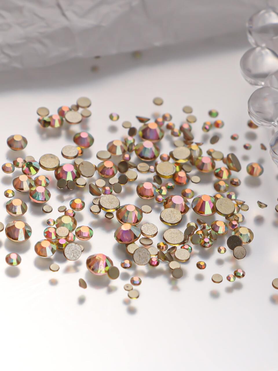 1440Pcs/Bag Glass Flatback Nail Art Rhinestones With Gold Base, In Various Sizes (Ss3-Ss20), In Blue, Moonstone, Amber, And Ab Color Diy Nail Charms Nail Gems Nail Supplies Nails