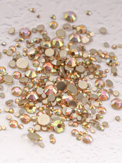 1440Pcs/Bag Glass Flatback Nail Art Rhinestones With Gold Base, In Various Sizes (Ss3-Ss20), In Blue, Moonstone, Amber, And Ab Color Diy Nail Charms Nail Gems Nail Supplies Nails