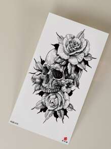 Tatuajes temporales, 1 hoja de tatuajes temporales de calavera y floral para mujeres, tatuajes adhesivos para adultos, tatuaje realista de flor y calavera para mujeres y niñas - Negro - Ver 3