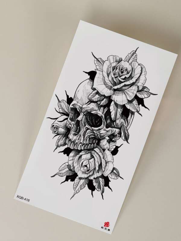 Tattoo Sticker,1 Sheet Skull & Floral Temporary Tattoos For Women