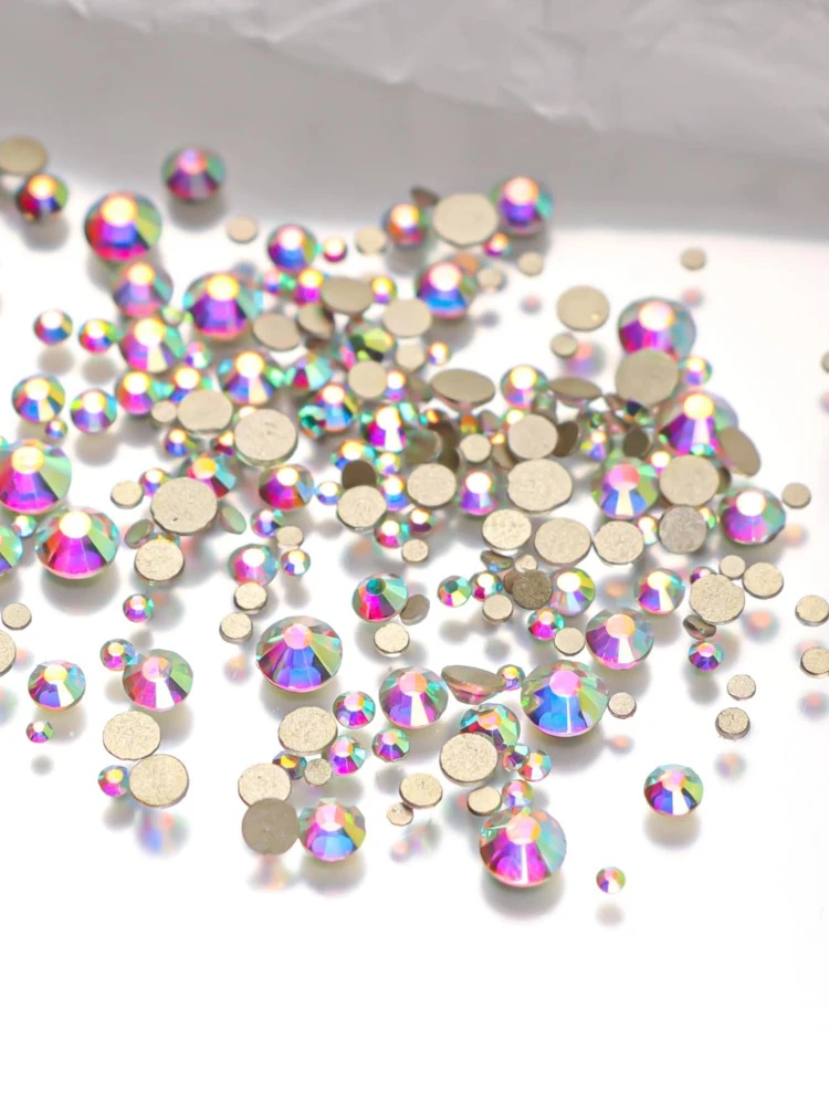 1440Pcs/Bag Gold Bottom Glass Flat Bottom Rhinestones, Blue Moonstone Amber, Ab Color, Mixed Sizes Ss3-Ss20, Nail Art Decoration Stones Diy Nail Charms Nail Gems Nail Supplies Nails