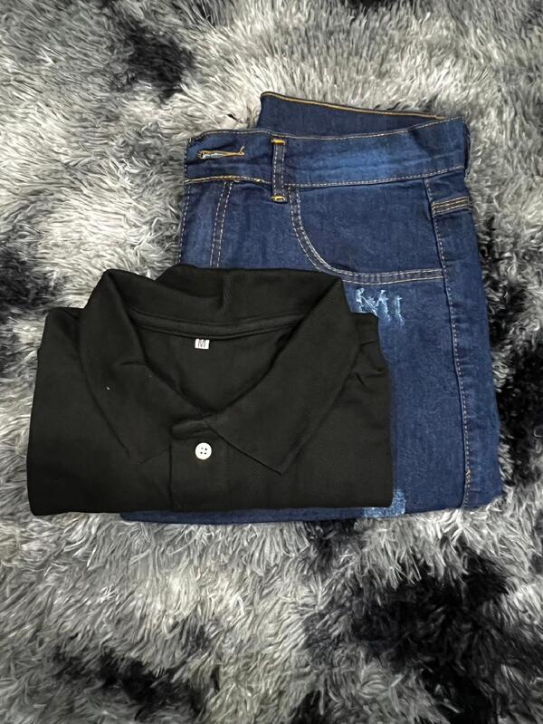 Kit 2 calça jeans +gola polo Calças JEANS Masculina Adulto Jeans Slim ModaCamisa Gola Polo Masculina Básica Lisa P-M-G-GG Promoção