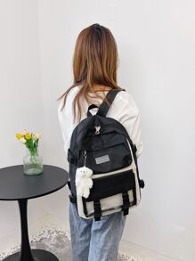 大容量,防水,輕便,經典,休閒,可愛時尚休閒學生後背包適合女孩帶隨機吊墜,大容量混合性雙後背包5入組/套帶筆盒書包套裝適用於青少年女孩女士大學學生完美適用於學校,小學,中間學校,中學,大學,返校 - 黑與白 - 查看 6