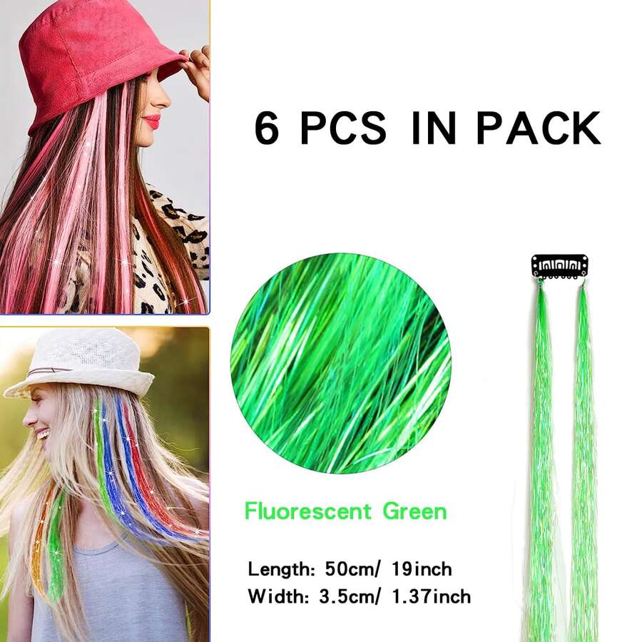 6pcs Green Clip in Tinsel Hair Fairy Hair Glitter Hair Extensions Fluorescent - Green - View 1