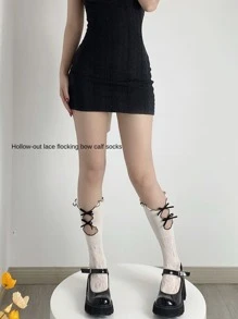 1對女孩風格及膝襪子帶迷人的心形絲絨蝴蝶結&花邊鏤空設計,透氣和優雅 - 彩色 - 查看 3