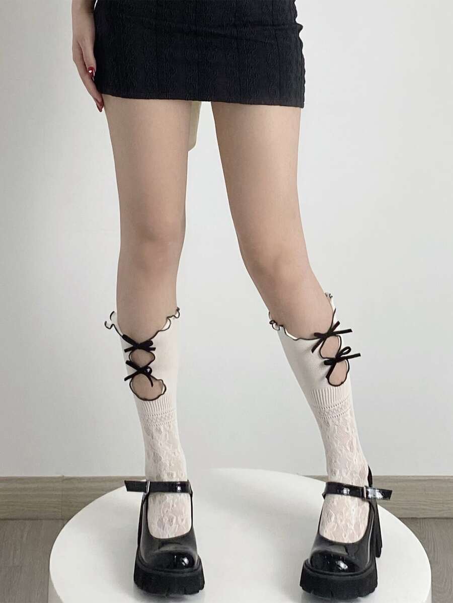 1對女孩風格及膝襪子帶迷人的心形絲絨蝴蝶結&花邊鏤空設計,透氣和優雅 - 彩色 - 查看 1