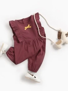 女婴可爱蝴蝶结纯色复古无袖连体裤适合圣诞节、春季、秋季和冬季 - 紅色 - 查看 1