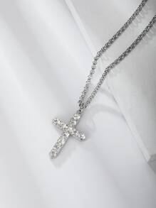 1入組時尚中性十字吊墜項鍊特色水鑽,簡約風和多用途每天配件適合男人及女人 - 銀色 - 查看 7