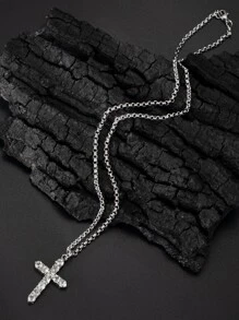 1入組時尚中性十字吊墜項鍊特色水鑽,簡約風和多用途每天配件適合男人及女人 - 銀色 - 查看 6