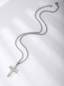 1入組時尚中性十字吊墜項鍊特色水鑽,簡約風和多用途每天配件適合男人及女人 - 銀色 - 查看 9