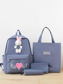 de moda con dibujos animados conejo decorado instalaciones Mochila 4 piezas Set - Azul - Ver 1