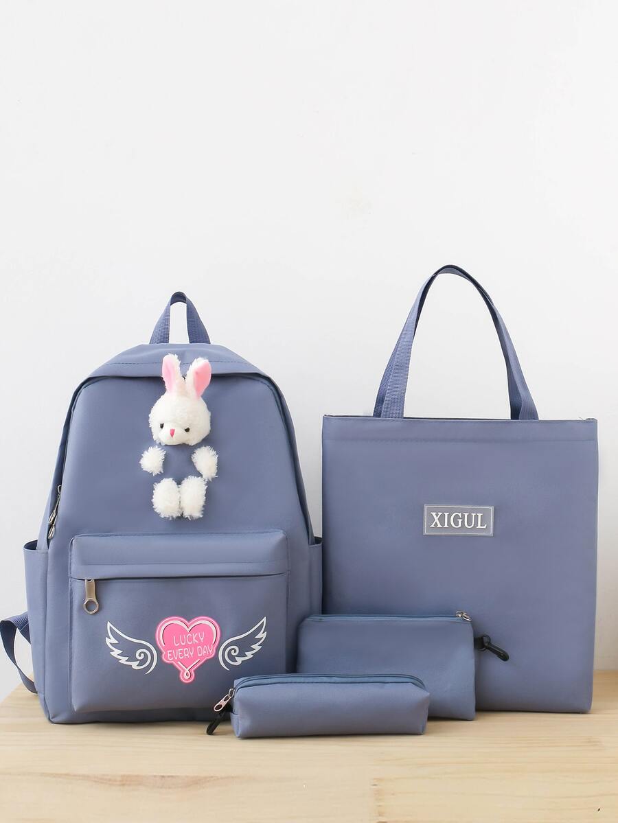 de moda con dibujos animados conejo decorado instalaciones Mochila 4 piezas Set - Azul - Ver 1