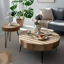 COZAYH 2-Piece Modern Farmhouse Living Room Coffee Table Set, Nesting Coffee Table Round Natural Wood Finish - Natural Ring Pattern - View 2
