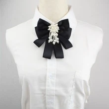1pc Women's Solid Color Ribbon With Faux Pearl & Flower Necktie, Suitable For Daily Wear - Black - View 2