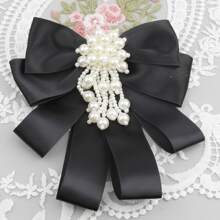 1pc Women's Solid Color Ribbon With Faux Pearl & Flower Necktie, Suitable For Daily Wear - Black - View 1