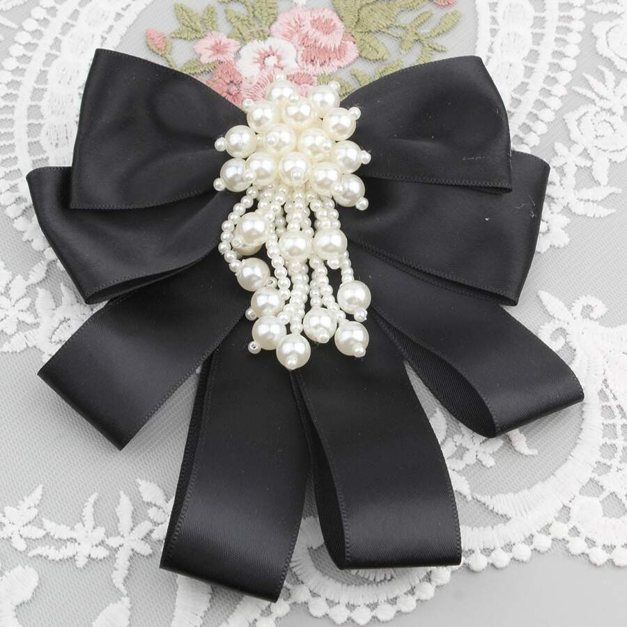 1pc Women's Solid Color Ribbon With Faux Pearl & Flower Necktie, Suitable For Daily Wear - Black - View 1