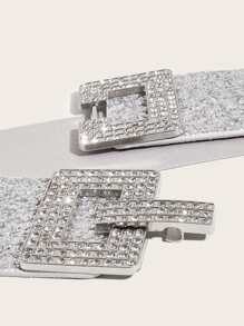 1pc Women's Silver Square Buckle Rhinestone Face-To-Face Dress Decoration Fashionable Elastic Waistband, Suitable For Daily And Party Use Halloween Christmas Summer, School Fall, Autumn, Halloween - Silver - View 4