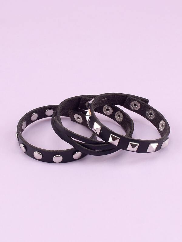 3pcs/set Fashionable Minimalist Style Braided & Rivet Decor Pu Leather Bracelet