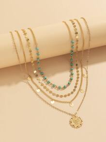 女士3入組創意時尚復古綠松石色閃耀流蘇多層串珠項鏈套裝 - 金黃色 - 查看 7