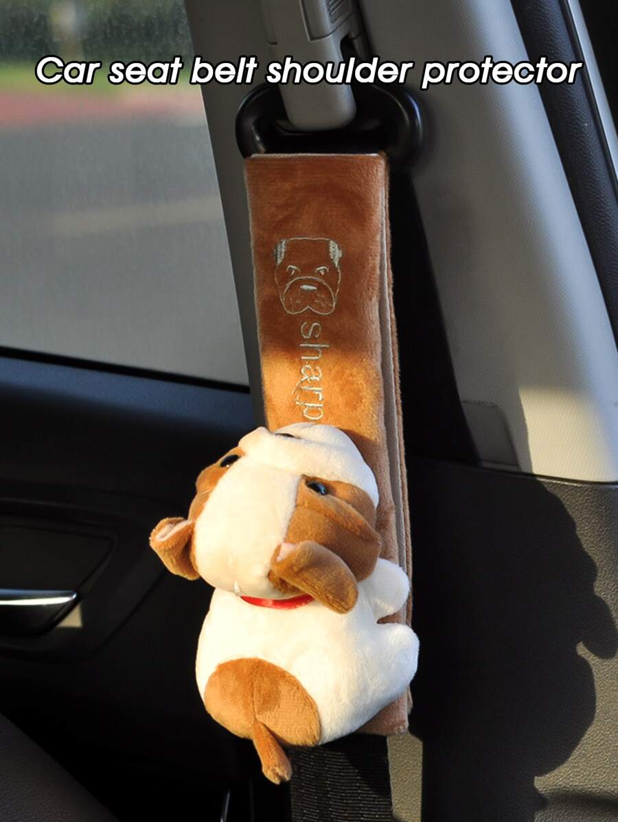 長毛絨狗狗裝飾汽車座椅皮帶保護裝置套 - 棕色 - 查看 1