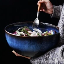 1pc Cat Eye Blue Color Super Big Salad Bowl Ceramic Bowl Deep Big Capacity Serving Bowl - Blue - View 2
