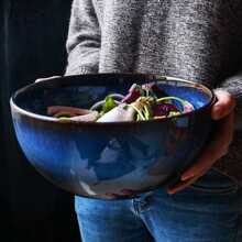 1pc Cat Eye Blue Color Super Big Salad Bowl Ceramic Bowl Deep Big Capacity Serving Bowl - Blue - View 1