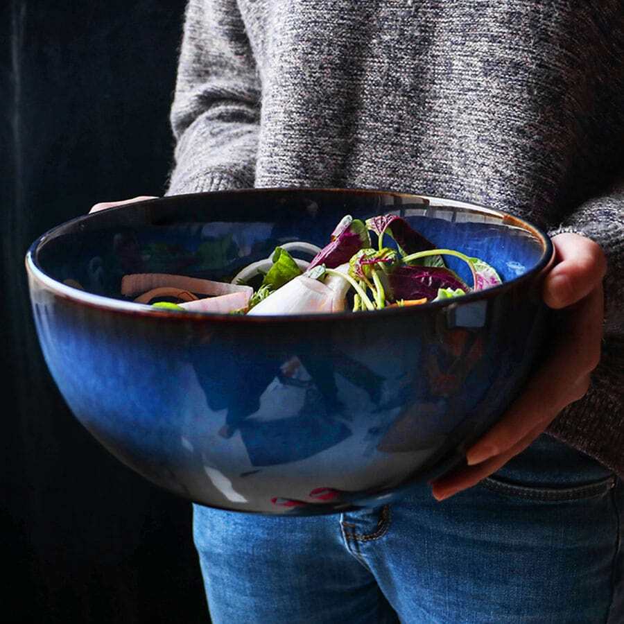 1pc Cat Eye Blue Color Super Big Salad Bowl Ceramic Bowl Deep Big Capacity Serving Bowl - Blue - View 1