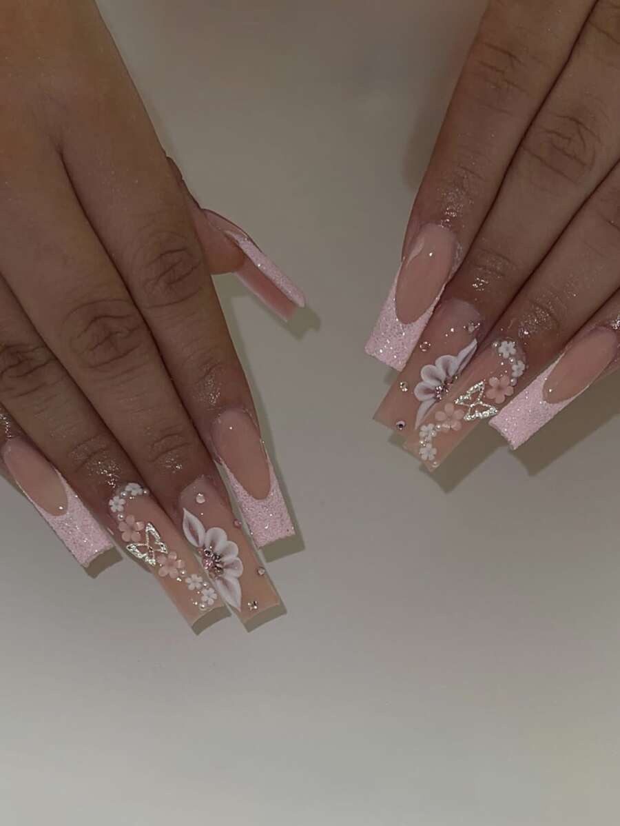 24pcs/Set Pink French Tip & Silver Butterfly Rhinestone Patterned False ...