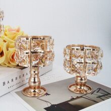 水晶玻璃烛台矮人茶灯烛台，手工制作的裂纹圆形茶蜡烛灯，适用于餐桌中心装饰婚礼生日派对装饰礼物 - 金色 - 查看 2