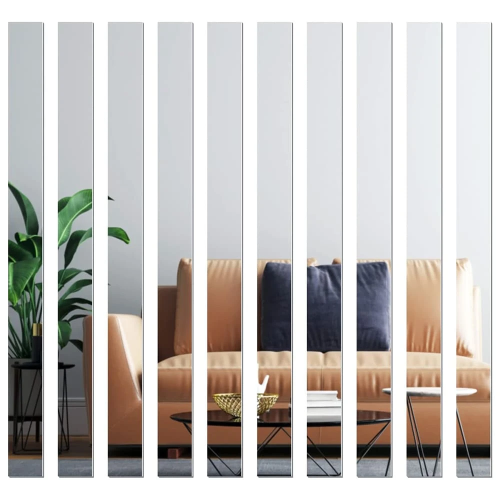 10pcs Self-adhesive Striped Mirror Tile Wall Sticker, Long Acrylic Frameless Mirror Board - Silver - View 1