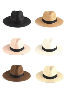 1pc women Summer Contrast Tape Straw Hat - Camel - View 1