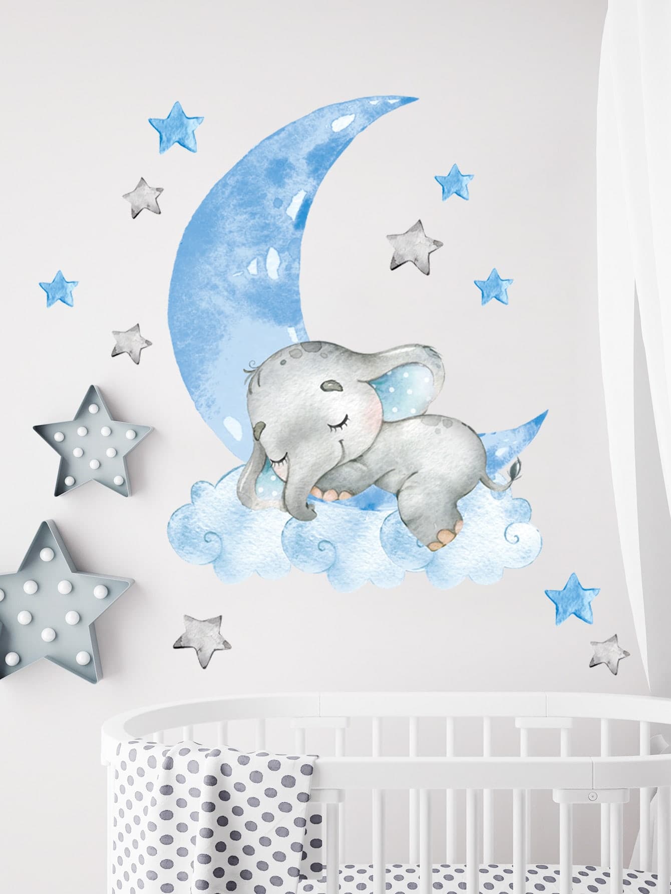 1入組大象牆貼兒童卡通圖案牆貼,可愛自粘掛畫貼花適用於兒童臥室 - 淺藍色 - 查看 1