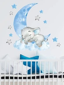 1入組大象牆貼兒童卡通圖案牆貼,可愛自粘掛畫貼花適用於兒童臥室 - 淺藍色 - 查看 3