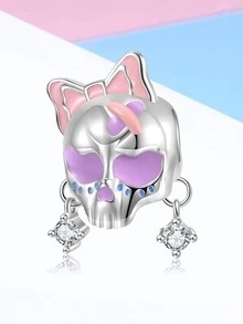 FOREVER QUEEN 1入組 925 純銀粉色蝴蝶結女骷髏頭骨吊飾珠適合手鍊項鍊 DIY 萬聖節吊飾珠寶禮物