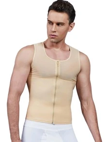 Men Zipper Vest Tummy Control Men's Breasts Boobs Compression Tank Top - Màu be - Xem 3