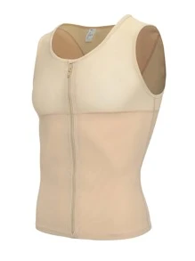 Men Zipper Vest Tummy Control Men's Breasts Boobs Compression Tank Top - Màu be - Xem 6