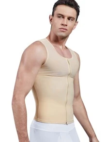 Men Zipper Vest Tummy Control Men's Breasts Boobs Compression Tank Top - Màu be - Xem 2