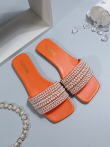 Plus Size Women's Beaded Flat Slide Sandals With Water Droplets Design, Square Toe, Lightweight & Comfortable Beach Slippers - Burnt Orange - View 5
