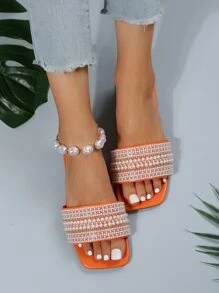 Plus Size Women's Beaded Flat Slide Sandals With Water Droplets Design, Square Toe, Lightweight & Comfortable Beach Slippers - Burnt Orange - View 2