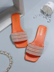 Plus Size Women's Beaded Flat Slide Sandals With Water Droplets Design, Square Toe, Lightweight & Comfortable Beach Slippers - Burnt Orange - View 4