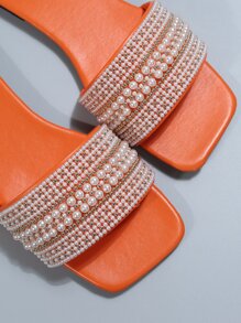 Plus Size Women's Beaded Flat Slide Sandals With Water Droplets Design, Square Toe, Lightweight & Comfortable Beach Slippers - Burnt Orange - View 6